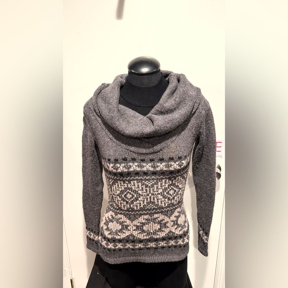 Buffalo David Bitton Charcoal and Beige Patterned Cowl Neck Sweater